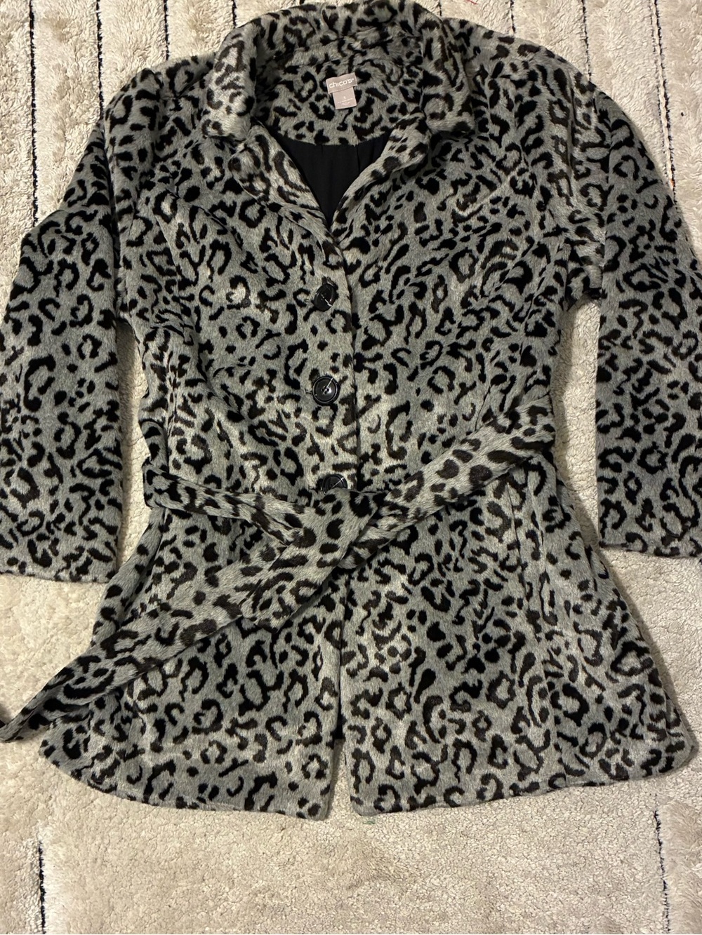 Chico's Gray & Black Leopard Print Belted Peacoat